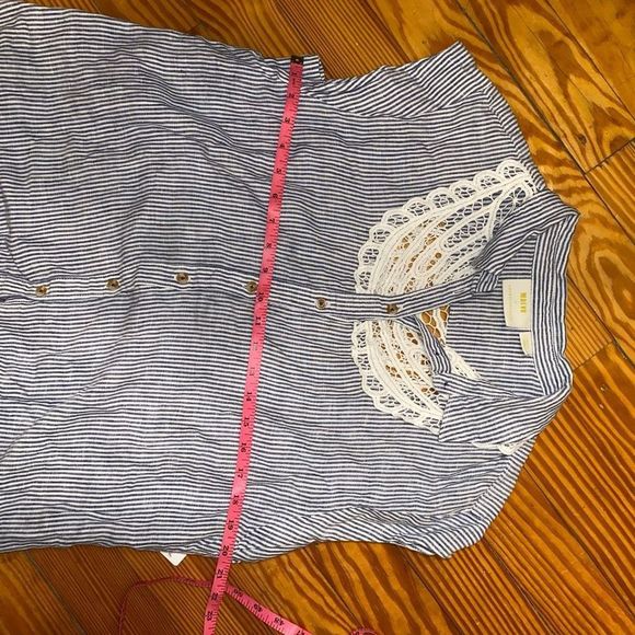Anthropologie Maeve Women's Linen Camp Shirt Striped Blouse Lace Back Size Large - Picture 9 of 11